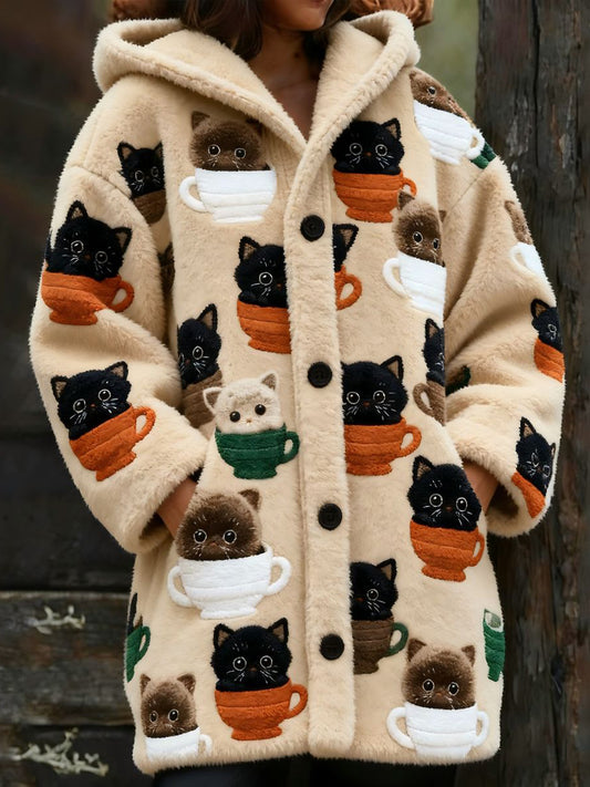 Animal gato das mulheres imprimir flanela casaco quente