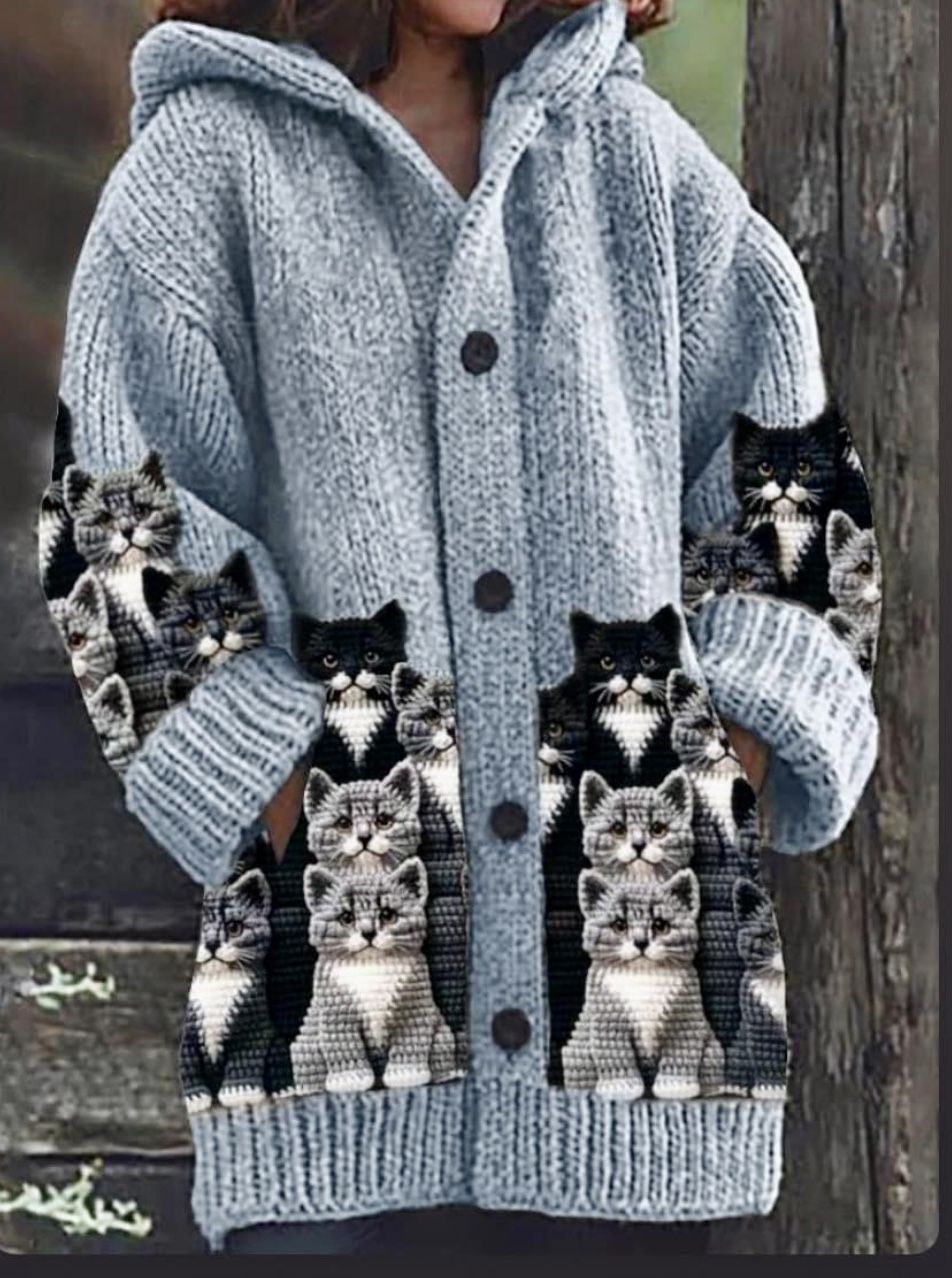 Animal gato das mulheres imprimir flanela casaco quente