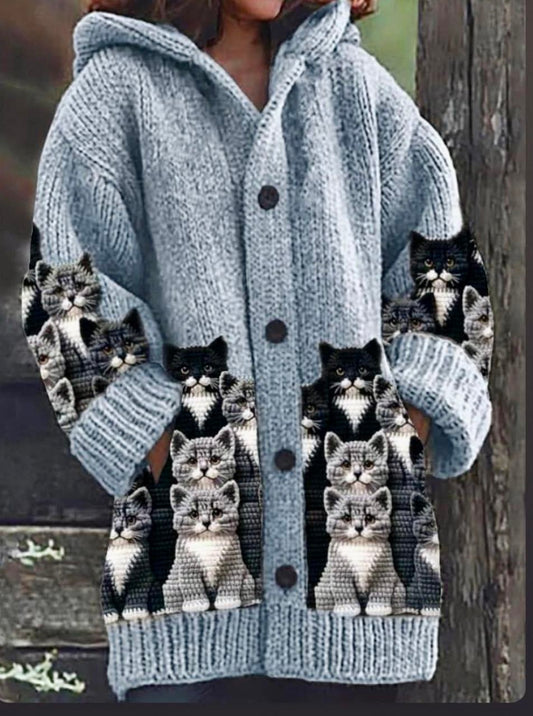 Animal gato das mulheres imprimir flanela casaco quente