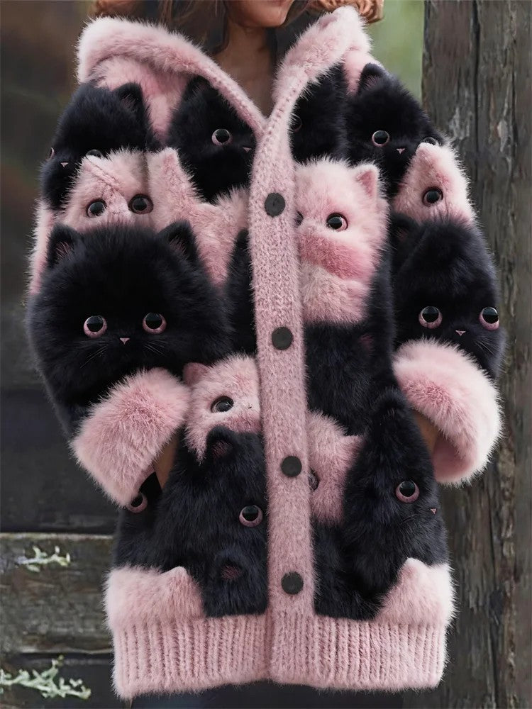 Animal gato das mulheres imprimir flanela casaco quente