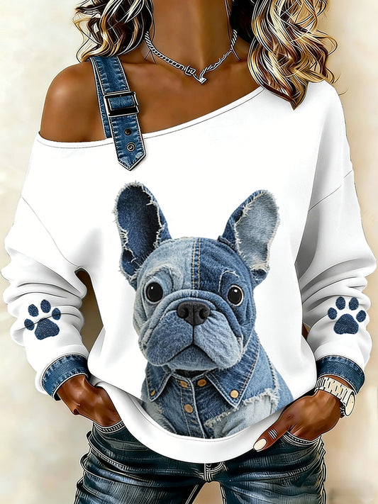 Animal bonito impressão Denim Patchwork Top confortável das mulheres