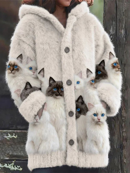 Animal gato das mulheres imprimir flanela casaco quente