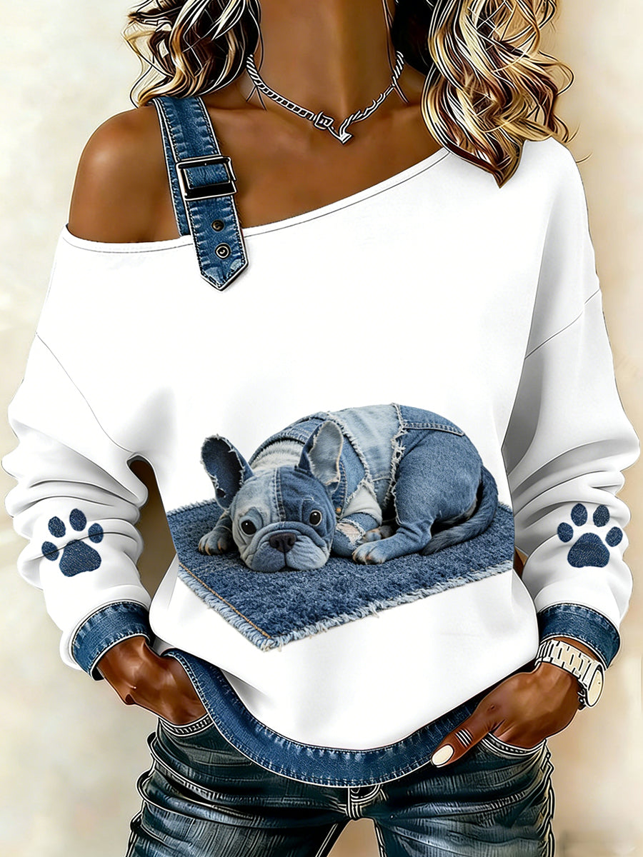 Animal bonito impressão Denim Patchwork Top confortável das mulheres