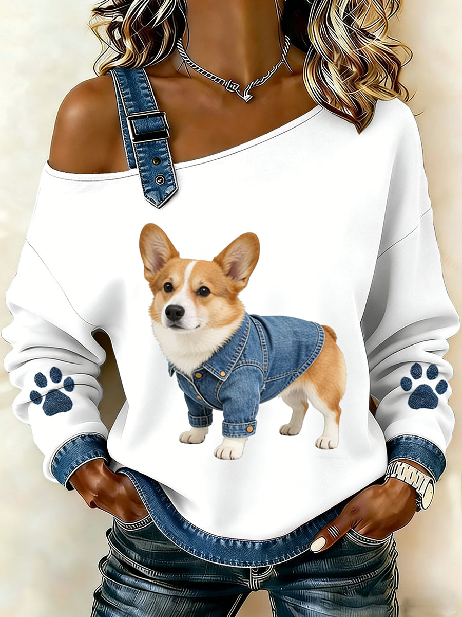 Animal bonito impressão Denim Patchwork Top confortável das mulheres