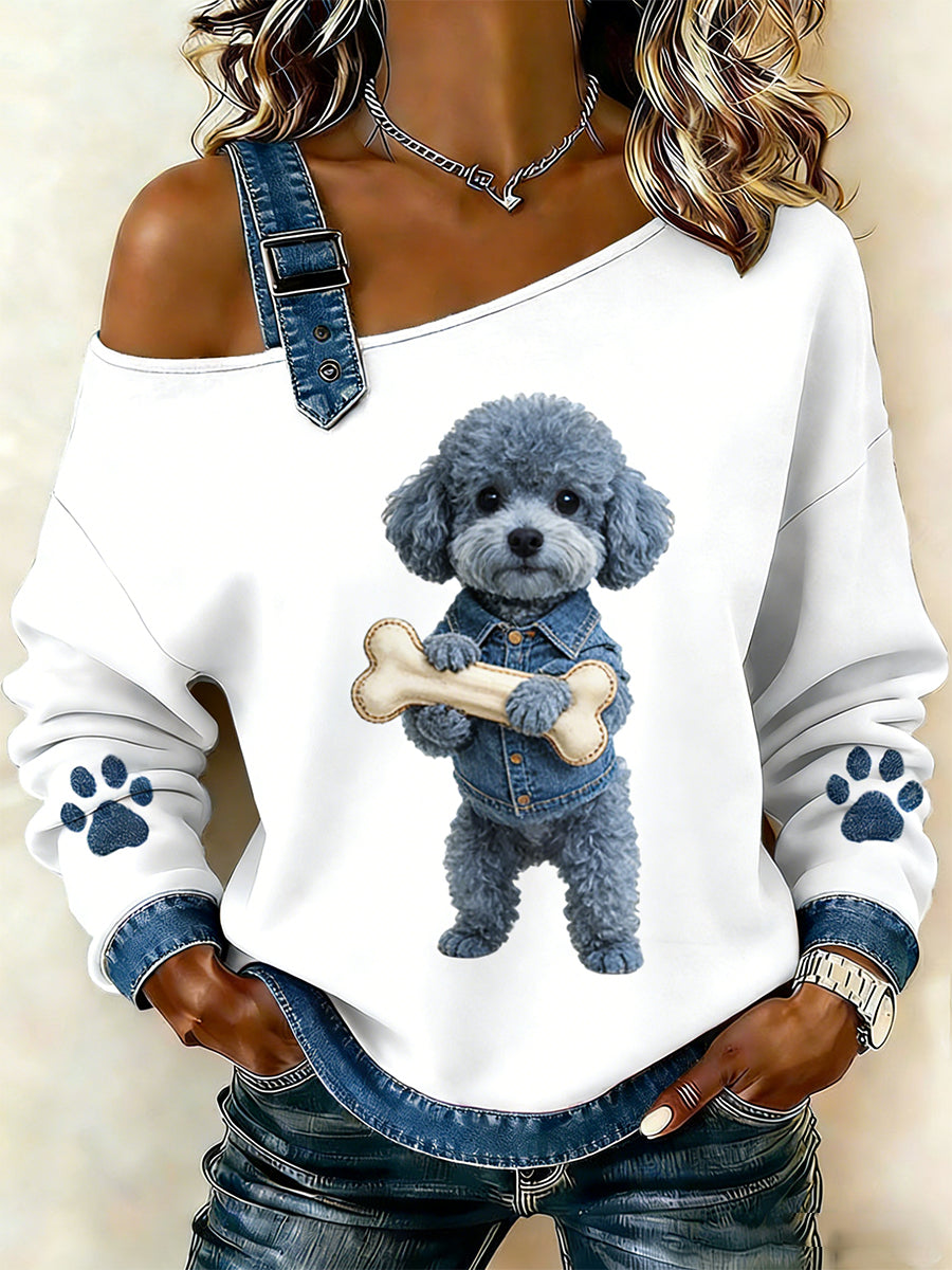 Animal bonito impressão Denim Patchwork Top confortável das mulheres