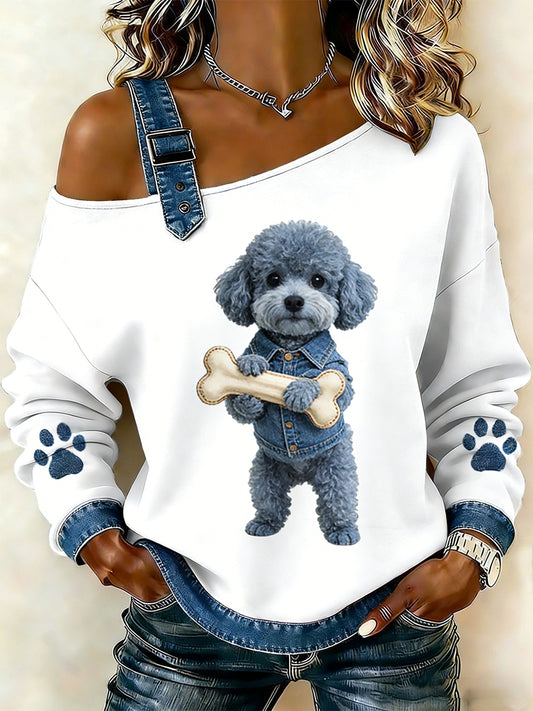 Animal bonito impressão Denim Patchwork Top confortável das mulheres