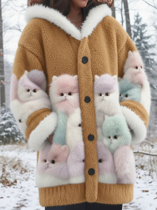 Animal gato das mulheres imprimir flanela casaco quente