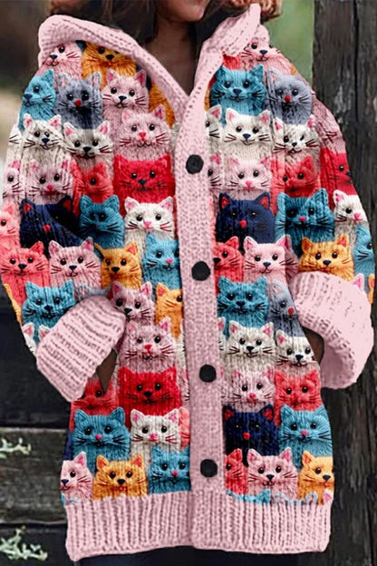 Animal gato das mulheres imprimir flanela casaco quente