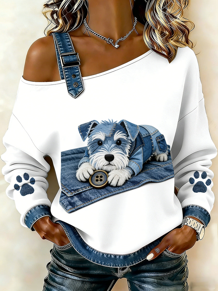 Animal bonito impressão Denim Patchwork Top confortável das mulheres