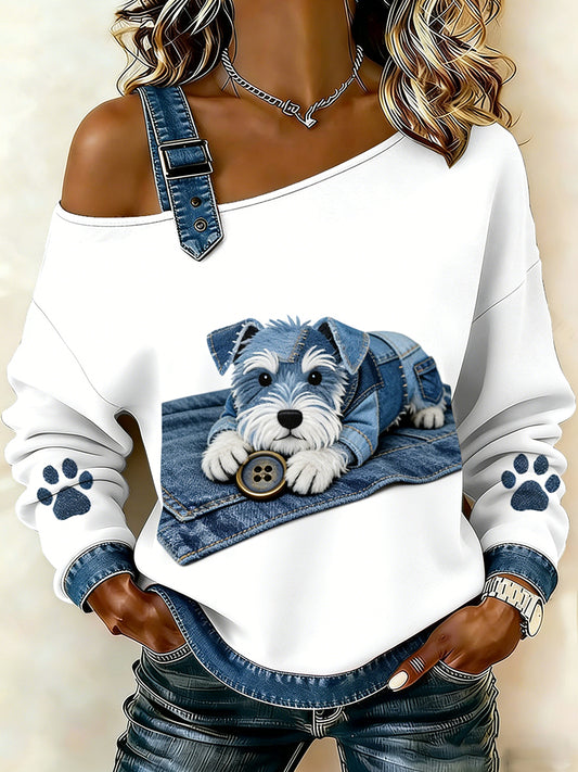 Animal bonito impressão Denim Patchwork Top confortável das mulheres