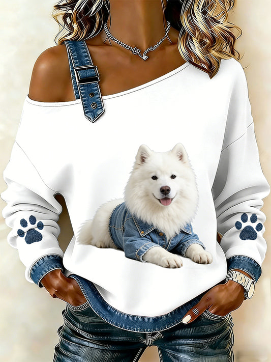 Animal bonito impressão Denim Patchwork Top confortável das mulheres