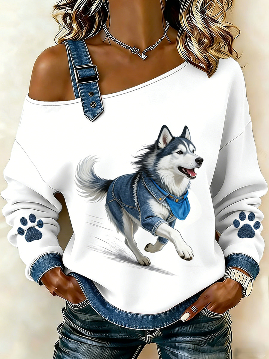Animal bonito impressão Denim Patchwork Top confortável das mulheres