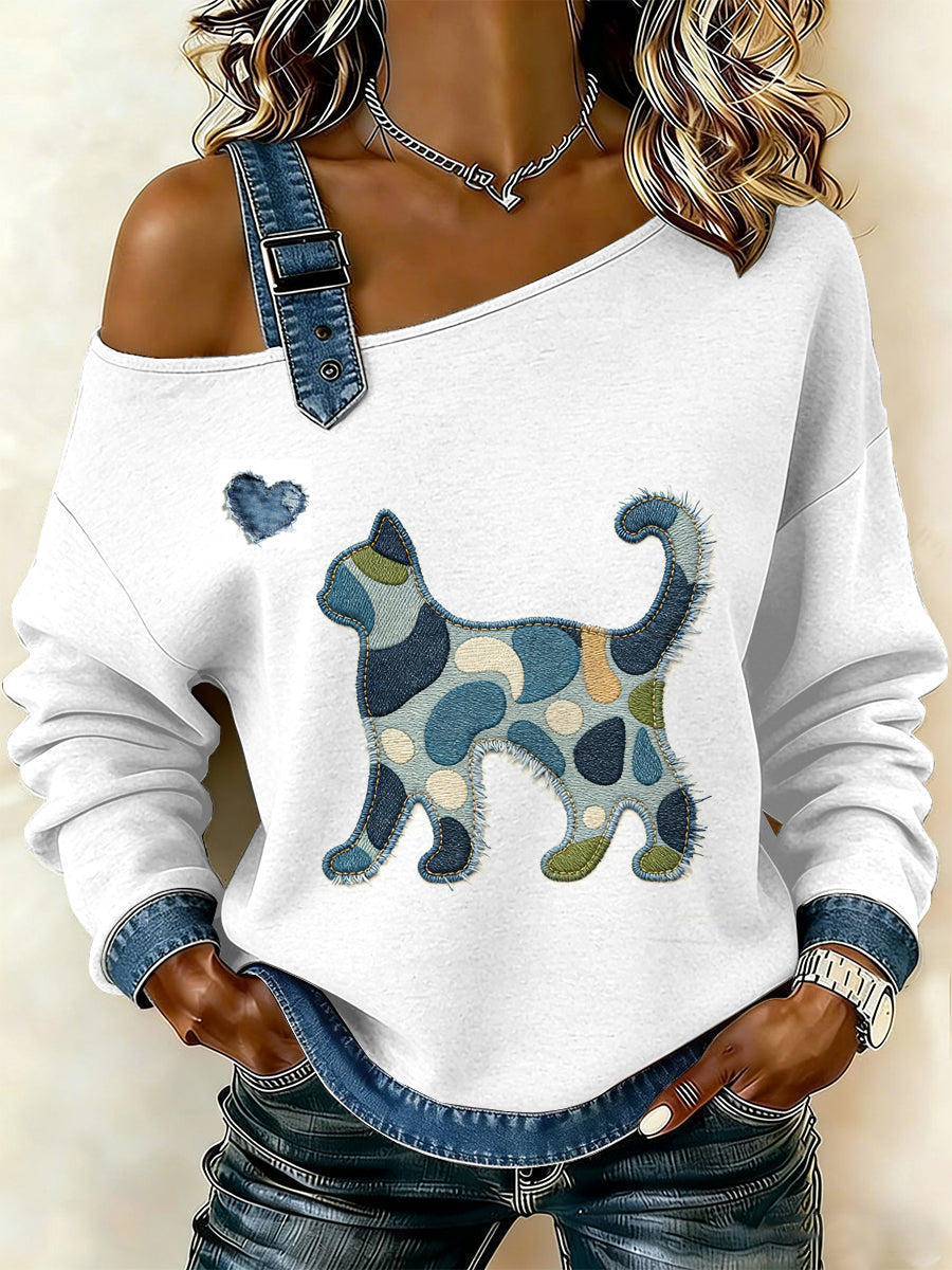 Gato Vintage Patchwork impressão Casual Off-ombro moletom feminino