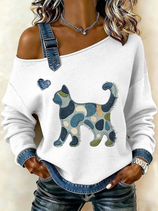 Gato Vintage Patchwork impressão Casual Off-ombro moletom feminino