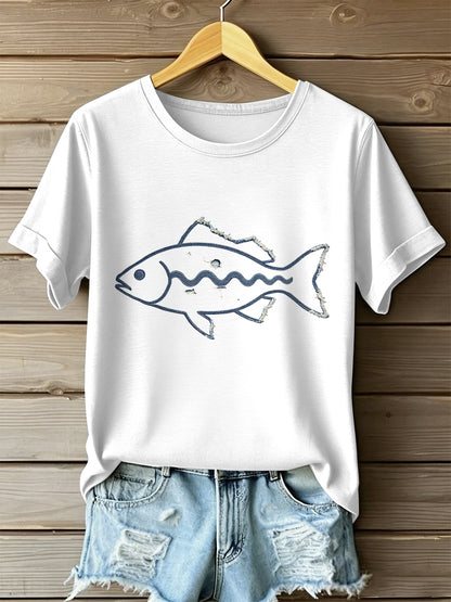 Vintage peixe Patchwork impressão Casual t-shirt do mulheres