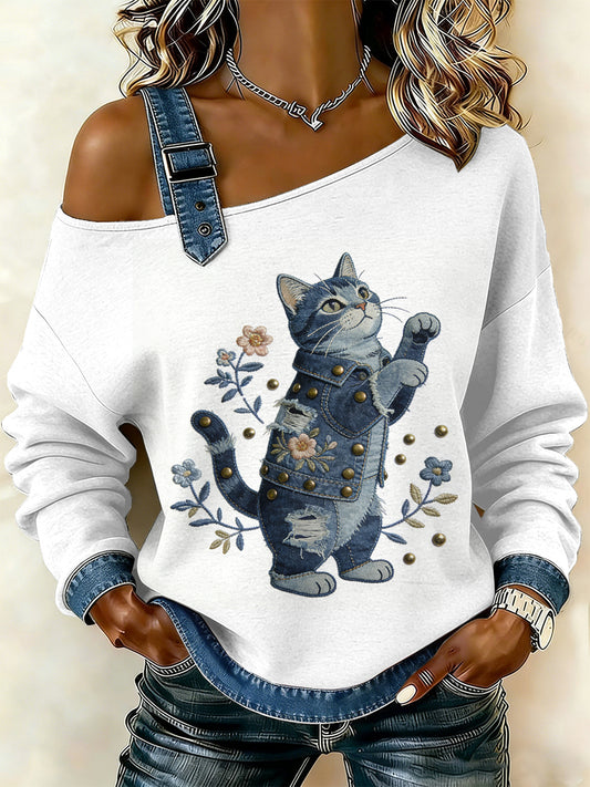 Gato Vintage Patchwork impressão Casual Off-ombro moletom feminino