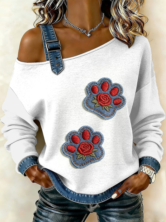 Patchwork Vintage gato pata feminino imprimir moletom Off-ombro Casual