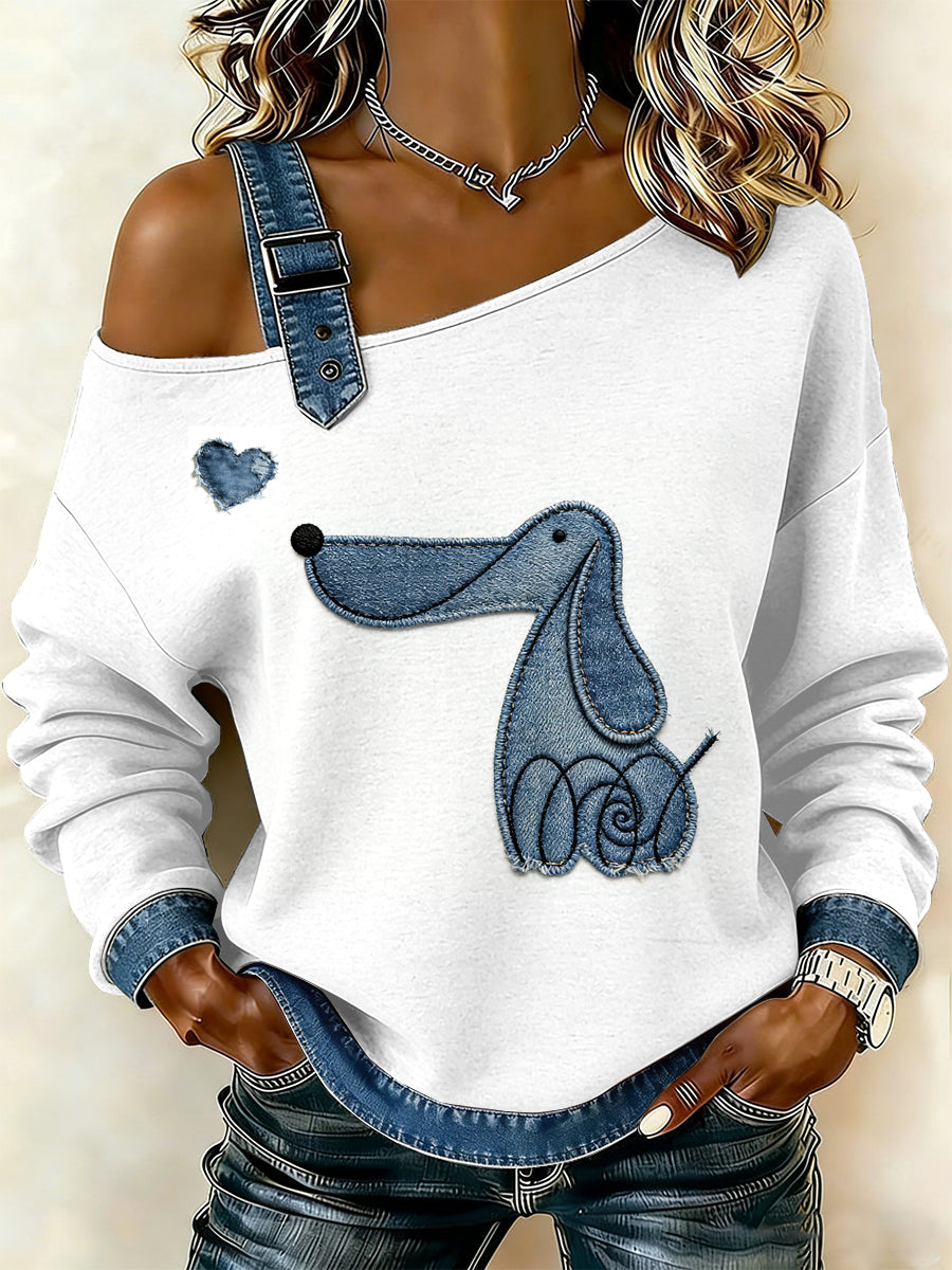 Cachorro Vintage pata patchwork feminino imprimir moletom Off-ombro Casual