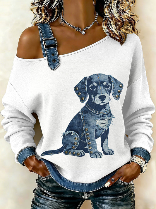 Cachorro Vintage pata patchwork feminino imprimir moletom Off-ombro Casual