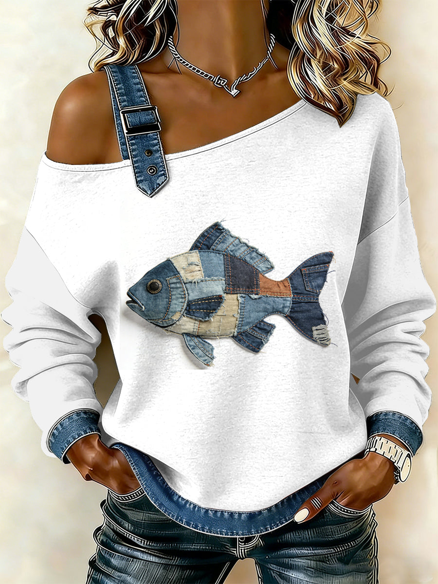 Vintage peixe Patchwork impressão Casual Off-ombro moletom feminino