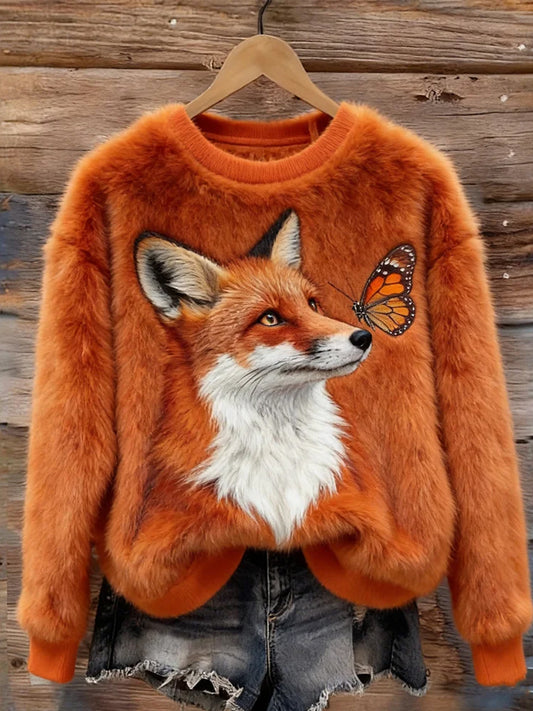 Arte animal retro impressão confortável top de flanela feminino