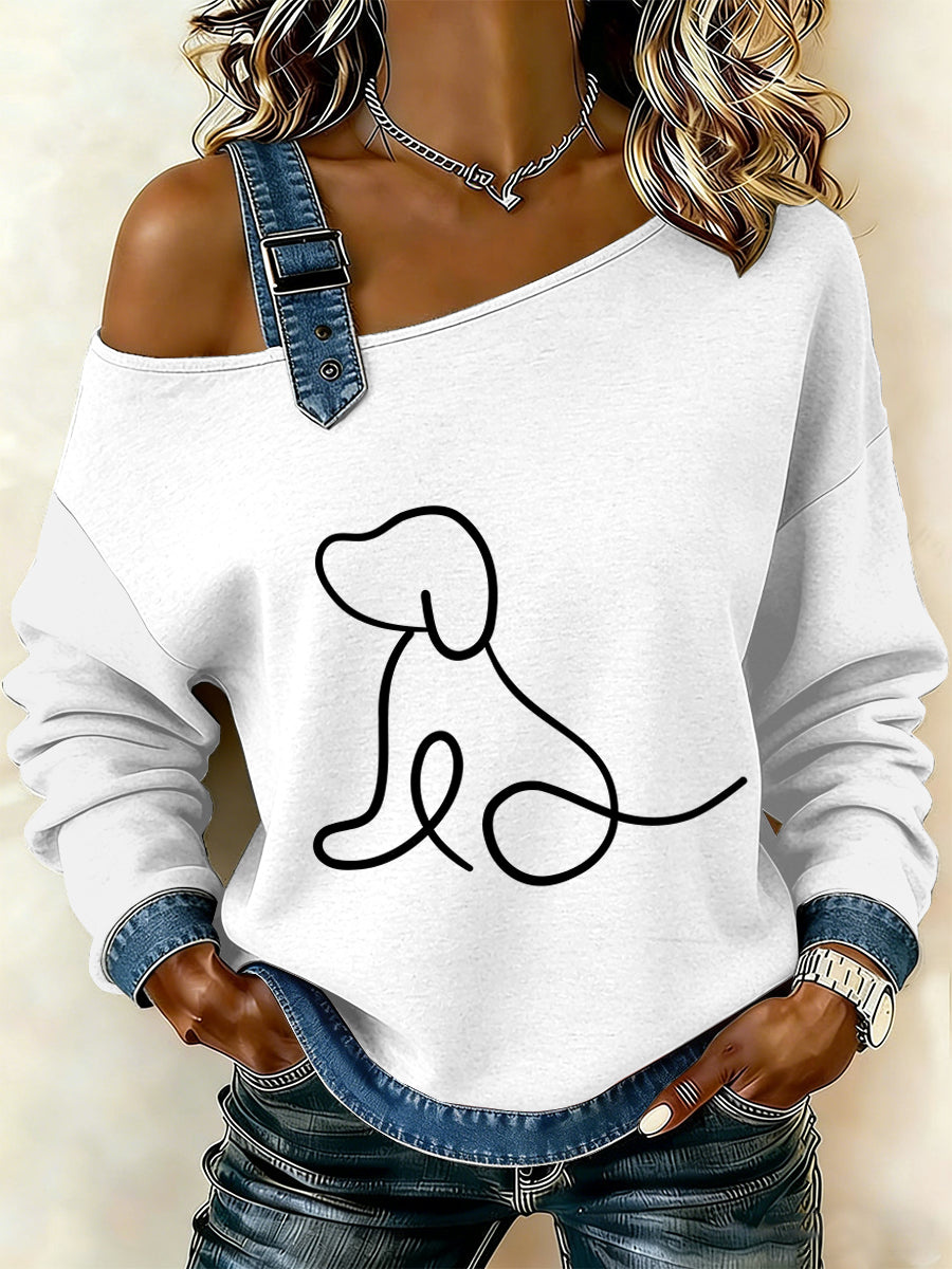 Vintage simples cão Patchwork impressão Casual Off-ombro moletom feminino
