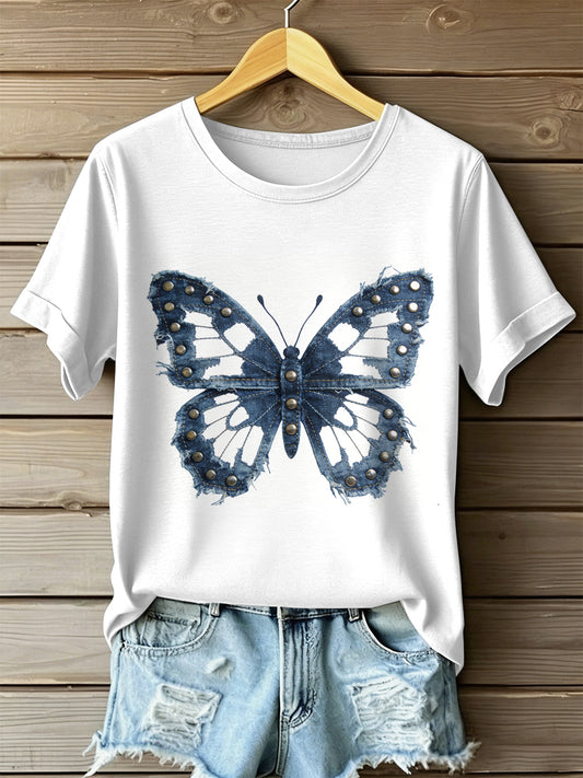 Borboleta Vintage Patchwork impressão Casual t-shirt do mulheres