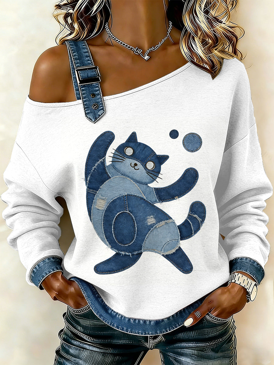 Gato Vintage Patchwork impressão Casual Off-ombro moletom feminino