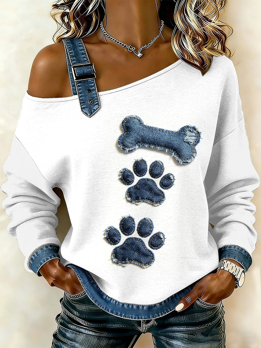 Cachorro Vintage pata patchwork feminino imprimir moletom Off-ombro Casual
