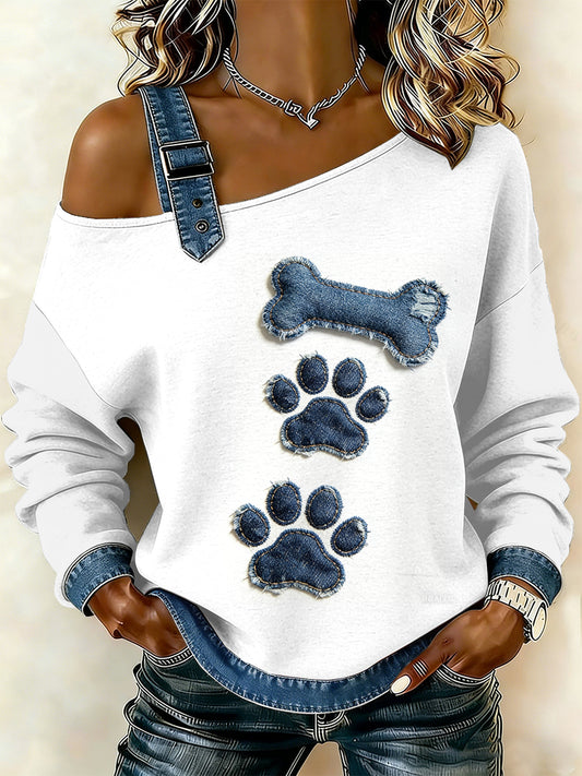 Cachorro Vintage pata patchwork feminino imprimir moletom Off-ombro Casual