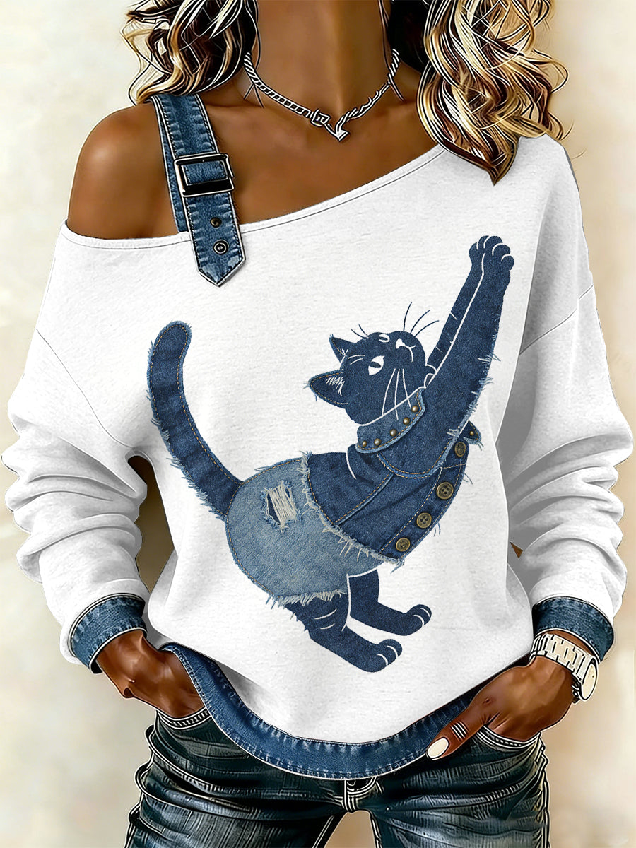 Gato Vintage Patchwork impressão Casual Off-ombro moletom feminino
