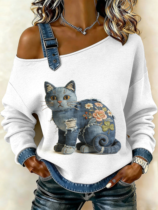 Gato Vintage Patchwork impressão Casual Off-ombro moletom feminino