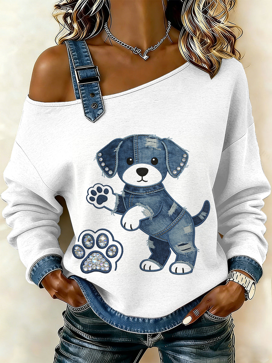 Cachorro Vintage pata patchwork feminino imprimir moletom Off-ombro Casual