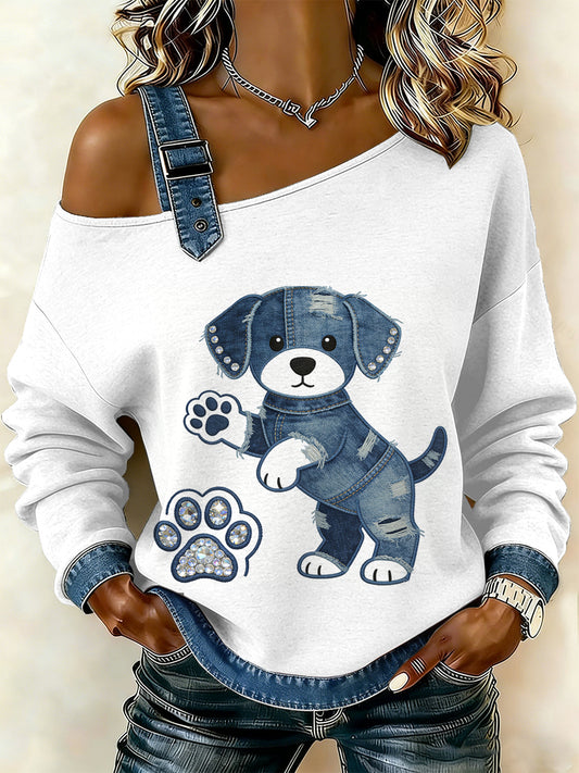 Cachorro Vintage pata patchwork feminino imprimir moletom Off-ombro Casual