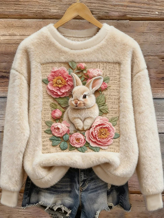 Arte bonito do coelho feminino redondo pescoço camisola de flanela aconchegante