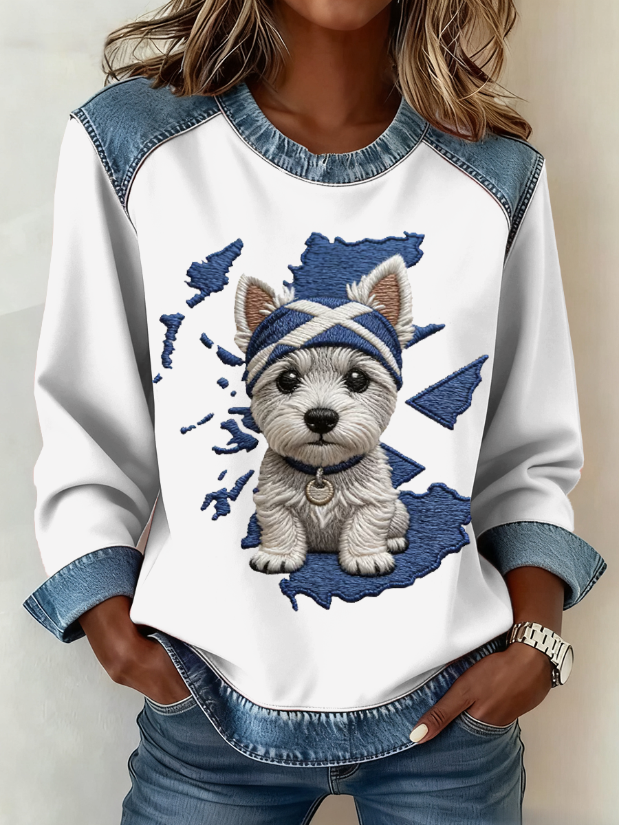 Scottish West Highland White Terrier feminino impressão Denim Patchwork Top