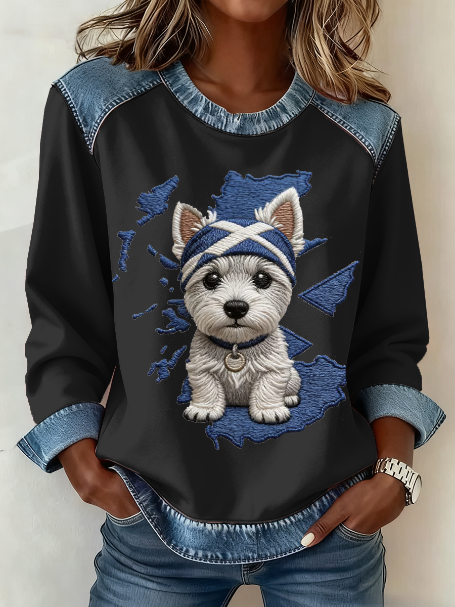 Scottish West Highland White Terrier feminino impressão Denim Patchwork Top