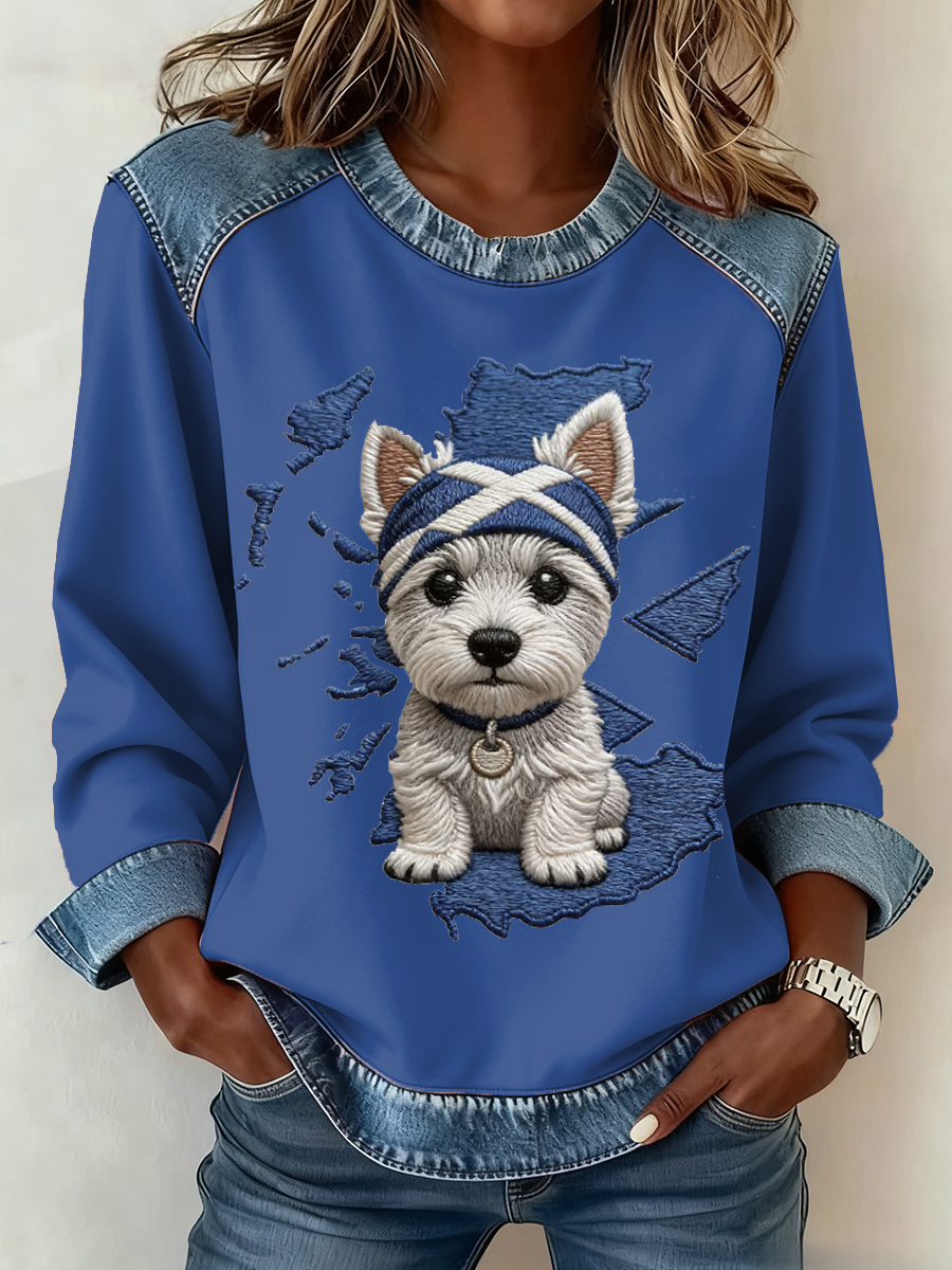 Scottish West Highland White Terrier feminino impressão Denim Patchwork Top