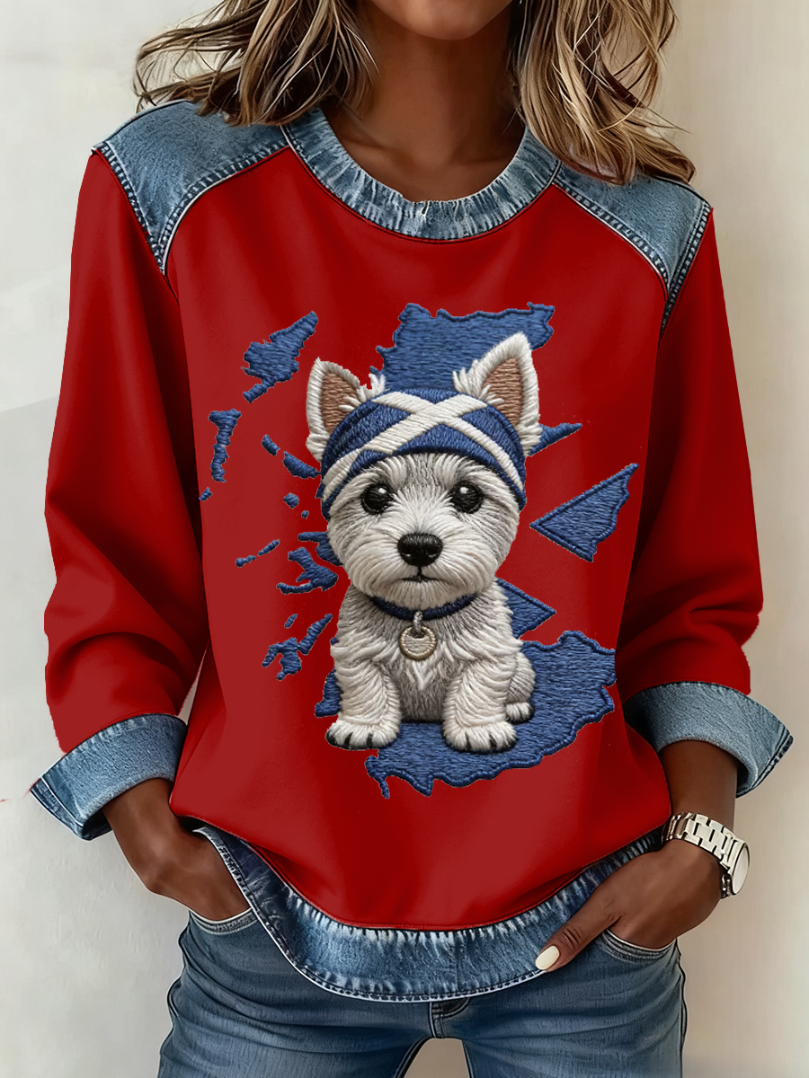 Scottish West Highland White Terrier feminino impressão Denim Patchwork Top