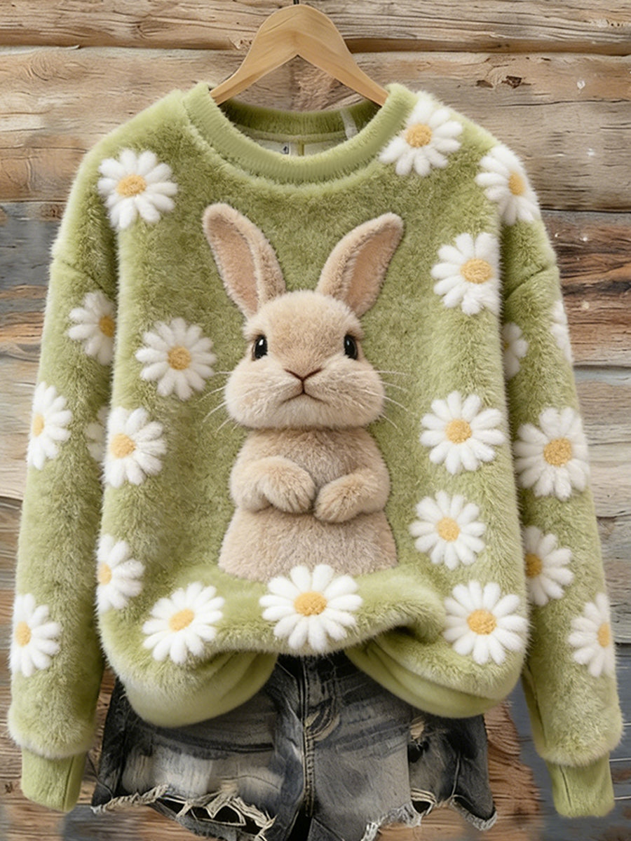Arte bonito do coelho feminino redondo pescoço camisola de flanela aconchegante