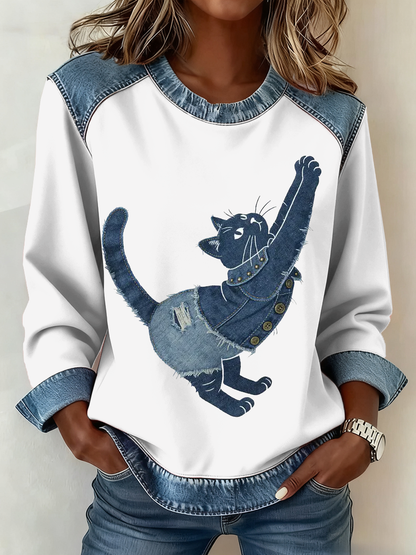 Gato Vintage Patchwork impressão Denim Patchwork Top do mulheres