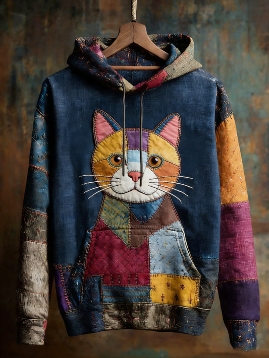 Patchwork Vintage gato impressão arte Casual Hoodie do mulheres