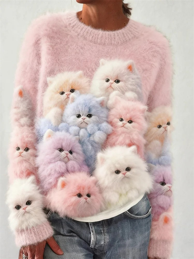 Camisola impressa de gato feminino