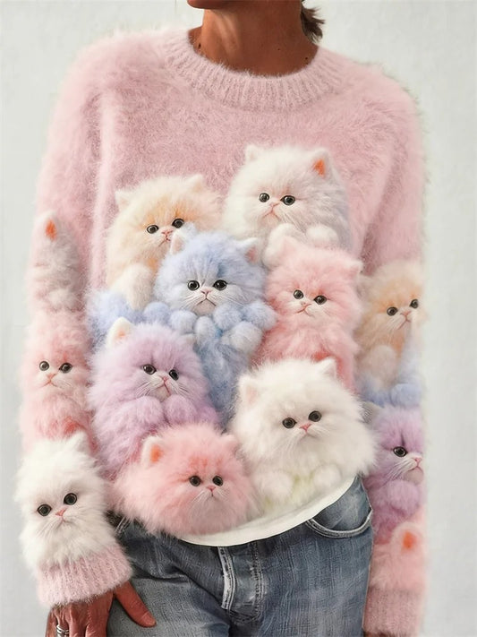 Camisola impressa de gato feminino