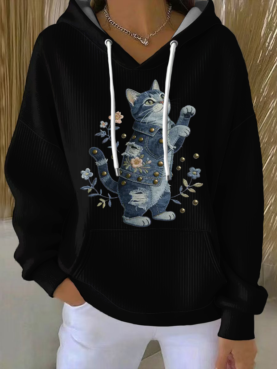 Capuz da impressão do gato Vintage Patchwork feminino