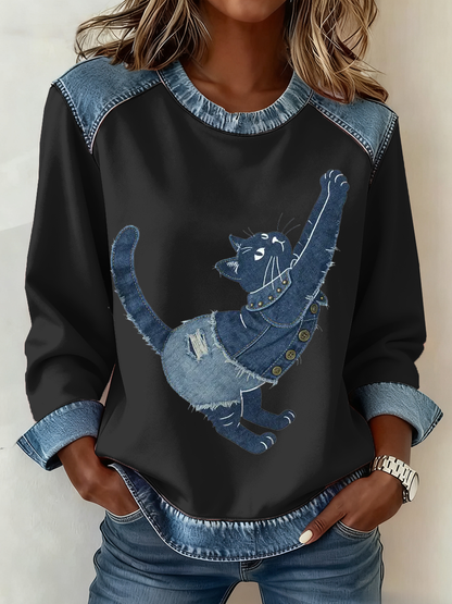 Gato Vintage Patchwork impressão Denim Patchwork Top do mulheres