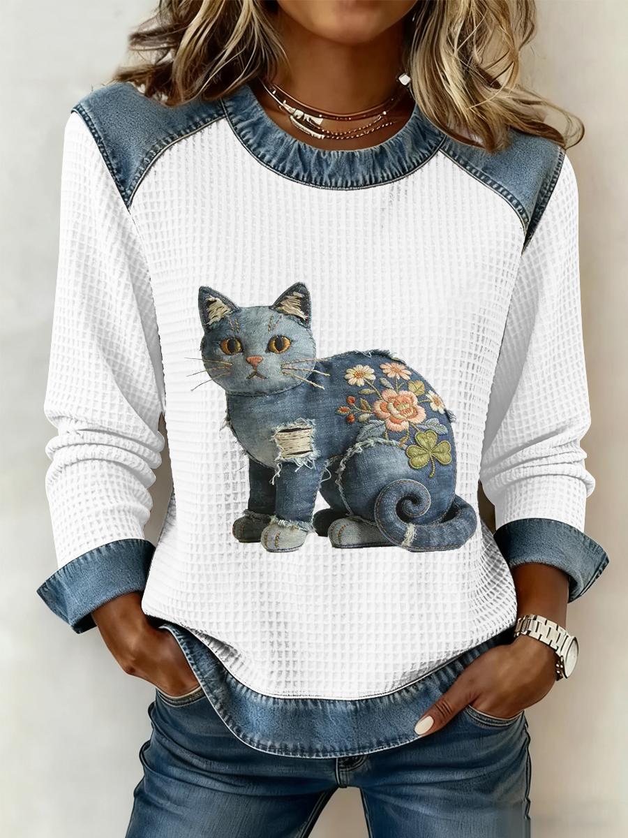 Gato Vintage Patchwork impressão Denim Patchwork Top do mulheres