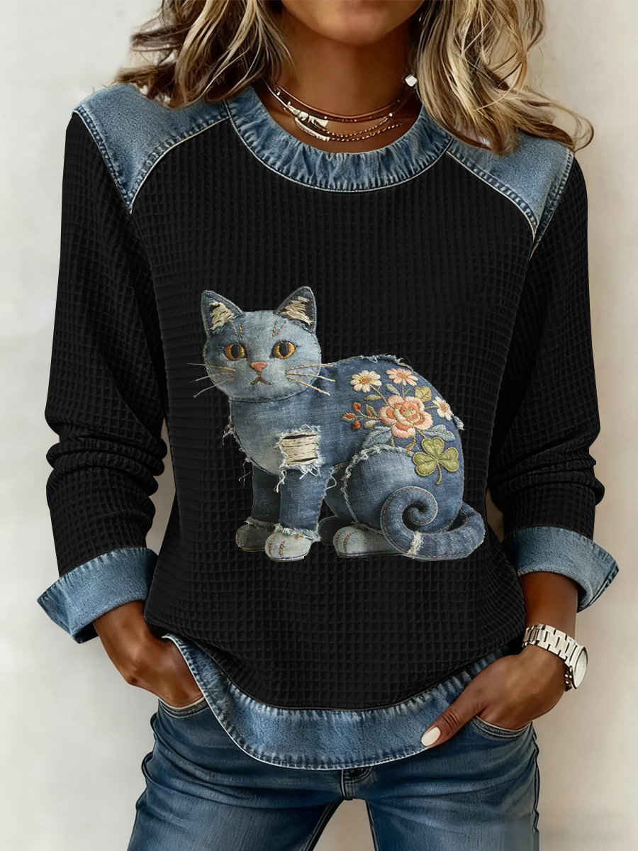 Gato Vintage Patchwork impressão Denim Patchwork Top do mulheres