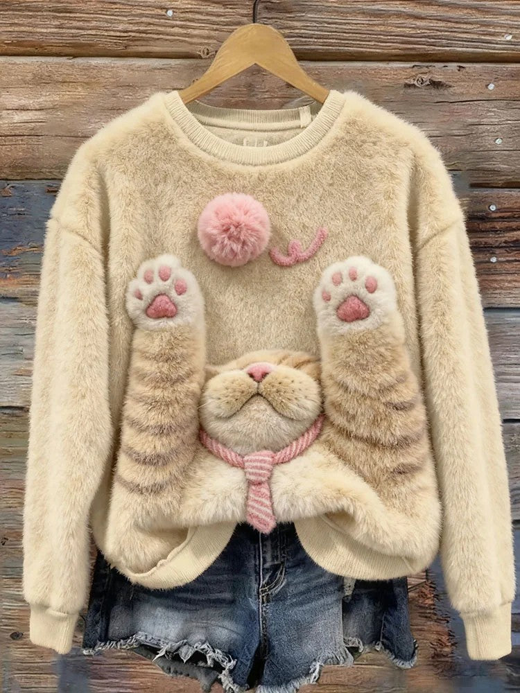 Camisola impressa de gato feminino
