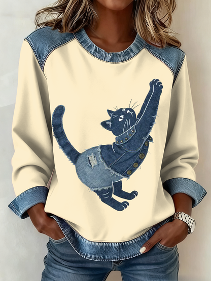 Gato Vintage Patchwork impressão Denim Patchwork Top do mulheres